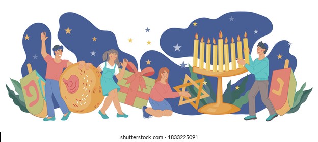 Jewish Hanukkah holiday banner with happy tiny kids lighting candles, flat vector illustration isolated on white background. Kids Hanukkah  party invitation poster.