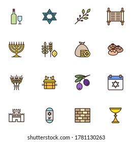 Jewish hanukkah holiday filled outline icons set, Judaism line vector symbol collection, linear colorful pictogram pack. Signs, logo illustration, Set includes icons as menorah hanukkah, religion food