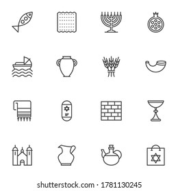 Jewish hanukkah holiday line icons set, Judaism outline vector symbol collection, linear style pictogram pack. Signs, logo illustration. Set includes icons as menorah hanukkah, religion food and drink