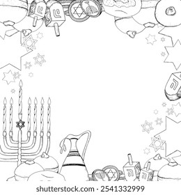 Jewish Hanukkah holiday symbols square frame. Black and white vector template with menorah, dreidels, donuts, jug of olive oil, coins and candles. Israel winter celebration banner template