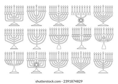 Jewish hanukkah menorah burning candles in candlestick simple lined style greeting card elements set isolated on white. Traditional orthodox happy holiday celebration design vector illustration