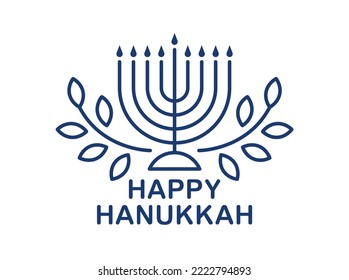 Jewish Hanukkah menorah, olive branches and text Happy Hanukkah for Jewish holiday festival of light, simple outline style vector illustration