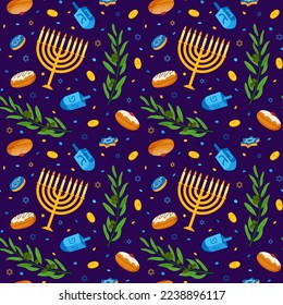 Jewish Hanukkah. Religious holiday. Candles menorah and donut pattern. Happy food design. Creative celebration. Dreidel and olive branch. David star. Vector seamless utter background