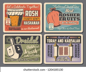 Jewish Hanukkah and Rosh Hashanah or New Year holiday symbols. Judaism religion torah scroll, kosher food and drinks, honey and pomegranate fruit, Star of David and dreidel. Retro vector