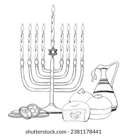 Jewish Hanukkah symbols black and white vector illustration with menorah, candles, donuts, jug of olive oil and coins