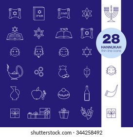 Jewish Hanukkahs church traditional religious symbols outline icons set isolated vector illustration dark background