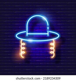 Jewish hat with sidelocks neon sign. Vector illustration for design. Jewish culture.