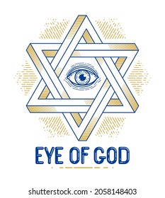 Jüdischer sechseckiger Stern mit allen Augen des Gottes sakrale Geometrie Religiensymbol geschaffen aus zwei dimensionalen Dreiecken unmögliche Formen, Vektorlogo oder Emblem Design Element.
