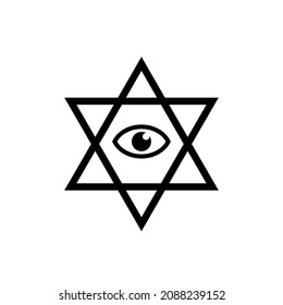 Jewish hexagonal star with all seeing eye of god sacred geometry religion symbol. triangle pyramid. New World Order. Hand-drawn alchemy, religion, spirituality, occultism. Vector isolated on white