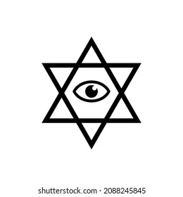Jüdischer sechseckiger Stern mit allen Augen des Gottes sakrale Geometrie-Religiensymbol. Dreieckspyramide. Neue Weltordnung. Handgezeichnete Alchemie, Religion, Spiritualität, Okkultismus. Vektorgrafik einzeln auf Weiß