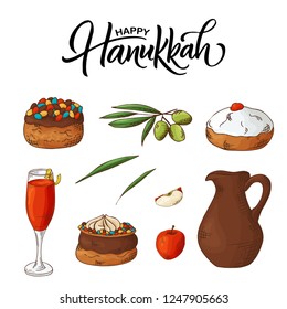 Jewish holiday background. Happy Hanukkah Greeting Card. Traditional symbols in sketch style. vector illustration.