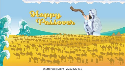 Jewish holiday banner template for Passover holiday. Group of People with Camels Caravan Riding in Realistic Wide Desert Sands in Middle East. Vector and Illustration