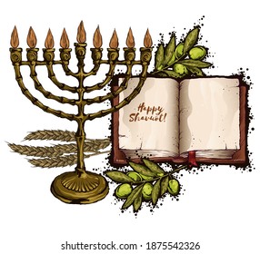 Jewish holiday, book and menorah. Place for greeting text, background for an inscription. The isolated image on a white background.