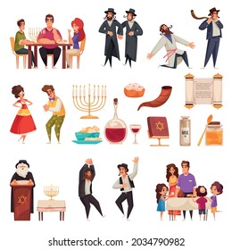 Jewish holiday cartoon icons set with happy people and various items of hanukkah celebration isolated vector illustration