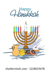 Jewish Holiday celebration, flat style candelabra with festival food elements on white background. Happy Hanukkah greeting card design.