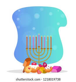Jewish holiday celebration greeting card design with traditional menorah and festival food elements.