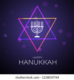 Jewish Holiday celebration greeting card design with traditional menorah (Candelabrum) and holy david star illustration on purple background.