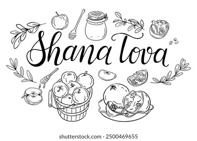 Jewish holiday doodle set with calligraphy lettering Shana Tova. Monochrome vector contour composition with related items to Rosh Hashanah isolated oh white background