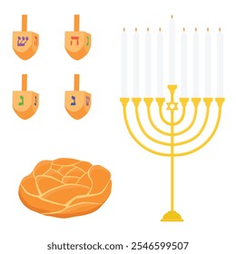 Jewish holiday elements. Challah bread, dreidel and menorah. Happy Passover, Hanukkah. Vector illustration