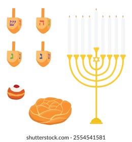 Jewish holiday elements. Challah bread, sufganiyot, dreidel and menorah. Happy Passover, Hanukkah. Vector illustration