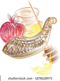 Jewish holiday elements with honey, pomegranate and shofar. Color illustration of jewish set for design isolated on white background. 