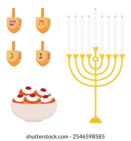 Jüdische Ferienelemente. Sufganiyot, dreidel und menorah. Alles Gute zum Pessach, Hanukkah. Vektorgrafik