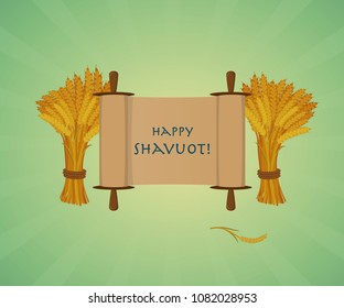 Jewish holiday greeting card. Scroll with greeting inscription Happy Shavuot and sheaves of wheat on green background. Cartoon style.