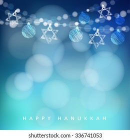 Jewish Holiday Hannukah Greeting Card With Garland Of Lights And Jewish Stars, Vector Illustration Background