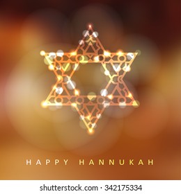 Jewish holiday Hannukah greeting card with ornamental glittering jewish star, vector illustration background