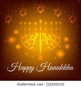 Jewish holiday Hanukkah background,  menorah with burning candles. Vector Illustration. 