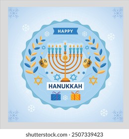  
  Jewish holiday Hanukkah background with menorah (traditional candelabra) and candles Blue Illustration Happy Hanukkah. Vector illustration