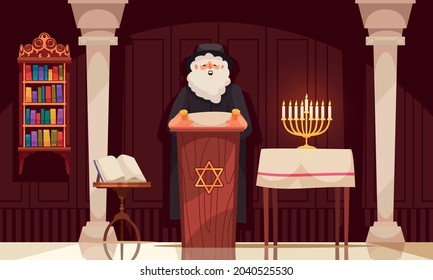 Jewish Holiday Hanukkah Background With Rabbi Reading Torah In Synagogue Cartoon Vector Illustration