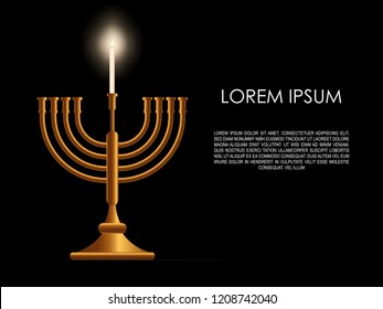 Jewish holiday Hanukkah background, realistic menorah (traditional candelabra), ner shamash burning candle, blur effect. Religious holiday art, Happy Hanukkah Vector illustration