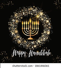 Jewish holiday Hanukkah background, realistic menorah traditional candelabra , burning candles, bokeh effect. Religious holiday art, Happy Hanukkah Vector illustration card.