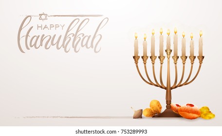 Jewish holiday Hanukkah background, realistic menorah (traditional candelabra), burning candles, bokeh effect. Religious holiday art with Happy Hanukkah lettering, Vector illustration.