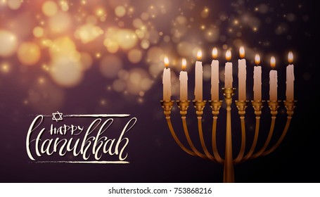 Jewish holiday Hanukkah background, realistic menorah (traditional candelabra), burning candles, bokeh effect. Religious holiday art with Happy Hanukkah lettering, Vector illustration.