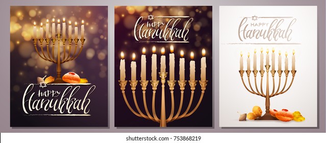 Jewish holiday Hanukkah background, realistic menorah (traditional candelabra), burning candles, bokeh effect. Religious holiday art with Happy Hanukkah lettering, Vector illustration.