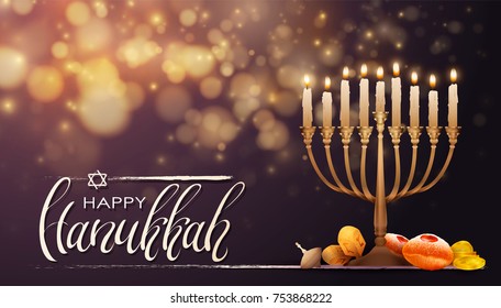 Jewish holiday Hanukkah background, realistic menorah (traditional candelabra), burning candles, bokeh effect. Religious holiday art with Happy Hanukkah lettering, Vector illustration.