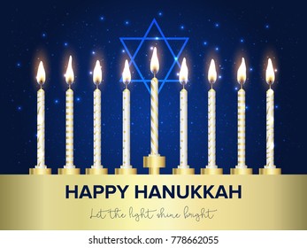 Jewish holiday Hanukkah background, realistic menorah (traditional candelabra), burning candles, bokeh effect. Vector illustration.