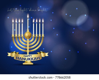 Jewish holiday Hanukkah background, realistic menorah (traditional candelabra), burning candles, bokeh effect. Vector illustration.