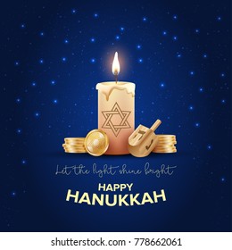 Jewish holiday Hanukkah background, realistic menorah (traditional candelabra), burning candles, bokeh effect. Vector illustration.