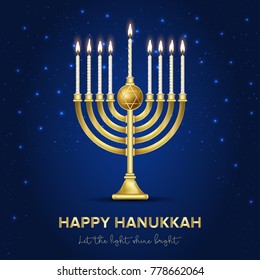 Jewish holiday Hanukkah background, realistic menorah (traditional candelabra), burning candles, bokeh effect. Vector illustration.