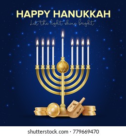 Jewish holiday Hanukkah background, realistic menorah (traditional candelabra), burning candles, bokeh effect. Vector illustration.