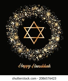 Jewish holiday Hanukkah background, star of David in wreath with bokeh effect. Religious holiday art, Happy Hanukkah Vector illustration card.