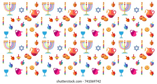 Jewish holiday Hanukkah background with traditional Chanukah symbols - wooden dreidels (spinning top), donuts, menorah, candles, star of David and glowing lights wallpaper pattern. 