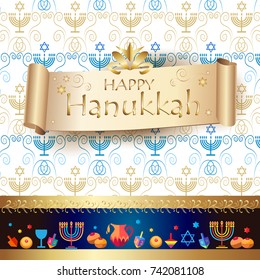 Jewish holiday Hanukkah background with traditional Chanukah symbols - wooden dreidels (spinning top), donuts, menorah, candles, star of David, oil jar, decorative ornamental pattern, vintage ribbon.