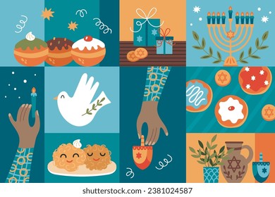 Diseño de pancartas de la festividad judía de Hanukkah con adorables elementos dibujados a mano. Impresión infantil para pegatinas, tarjetas e invitación. Ilustración del vector