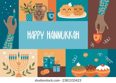 Jewish holiday Hanukkah banner design with cute hand drawn elements. Childish print for stickers, cards and invitation. Vector illustration
