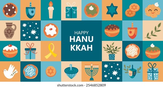 Jewish holiday Hanukkah banner design with cute hand drawn elements. Childish print for stickers, cards and invitation. Vector illustration