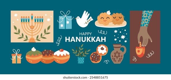 Jewish holiday Hanukkah banner design with cute hand drawn elements. Childish print for stickers, cards and invitation. Vector illustration